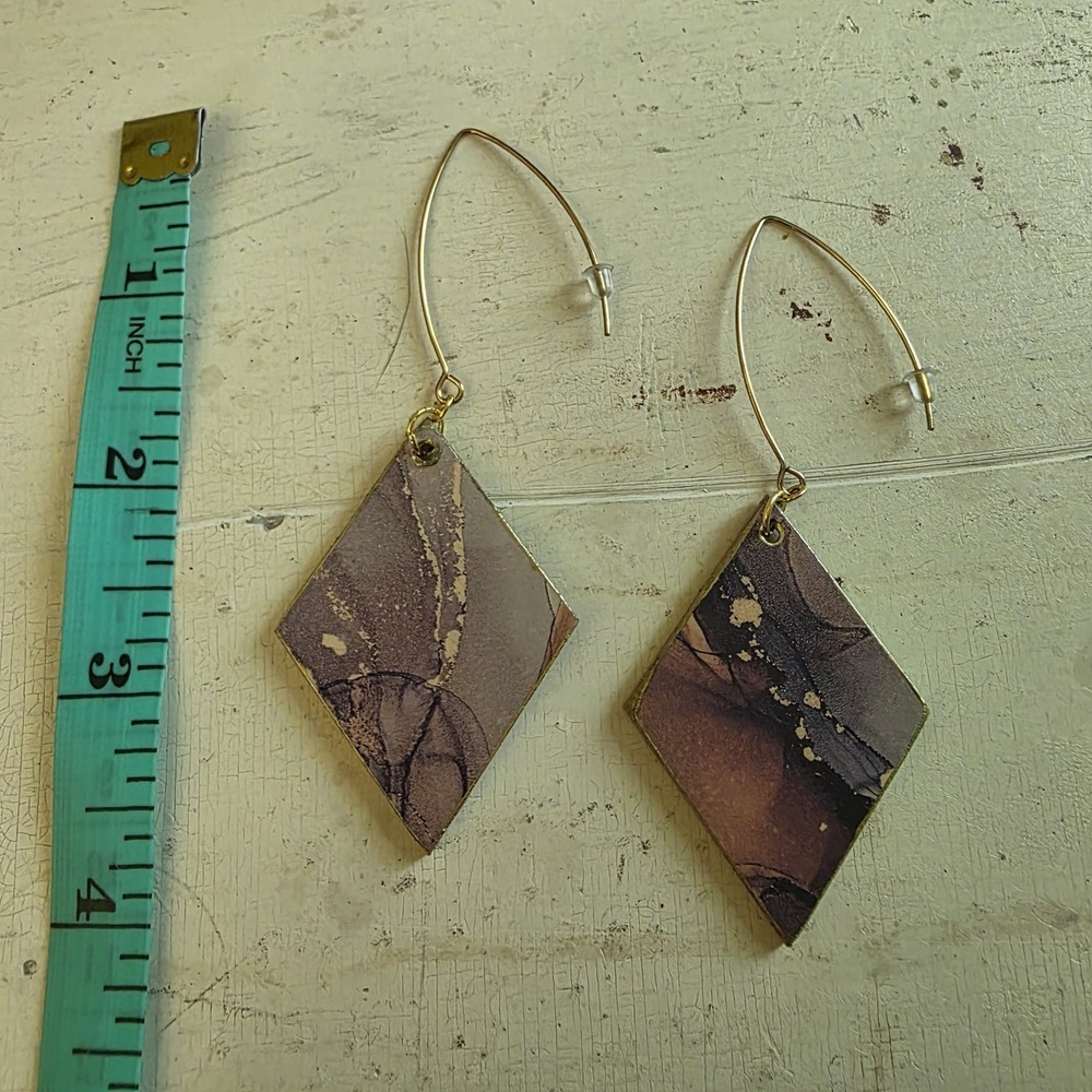 Handmade Abstract Wood Statement Earrings OOAK Taupe Brown Gold Metallic Dangles - Picture 7 of 7